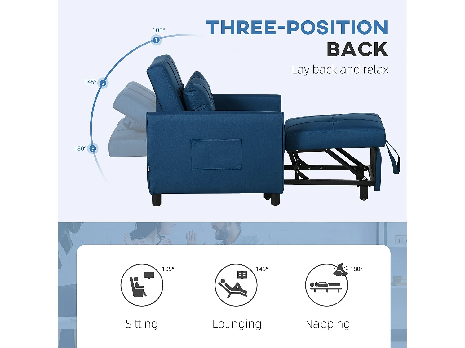 Haso Linen Look Dark Blue Single Sleeper Chair 3 Level Adjustable Backrest