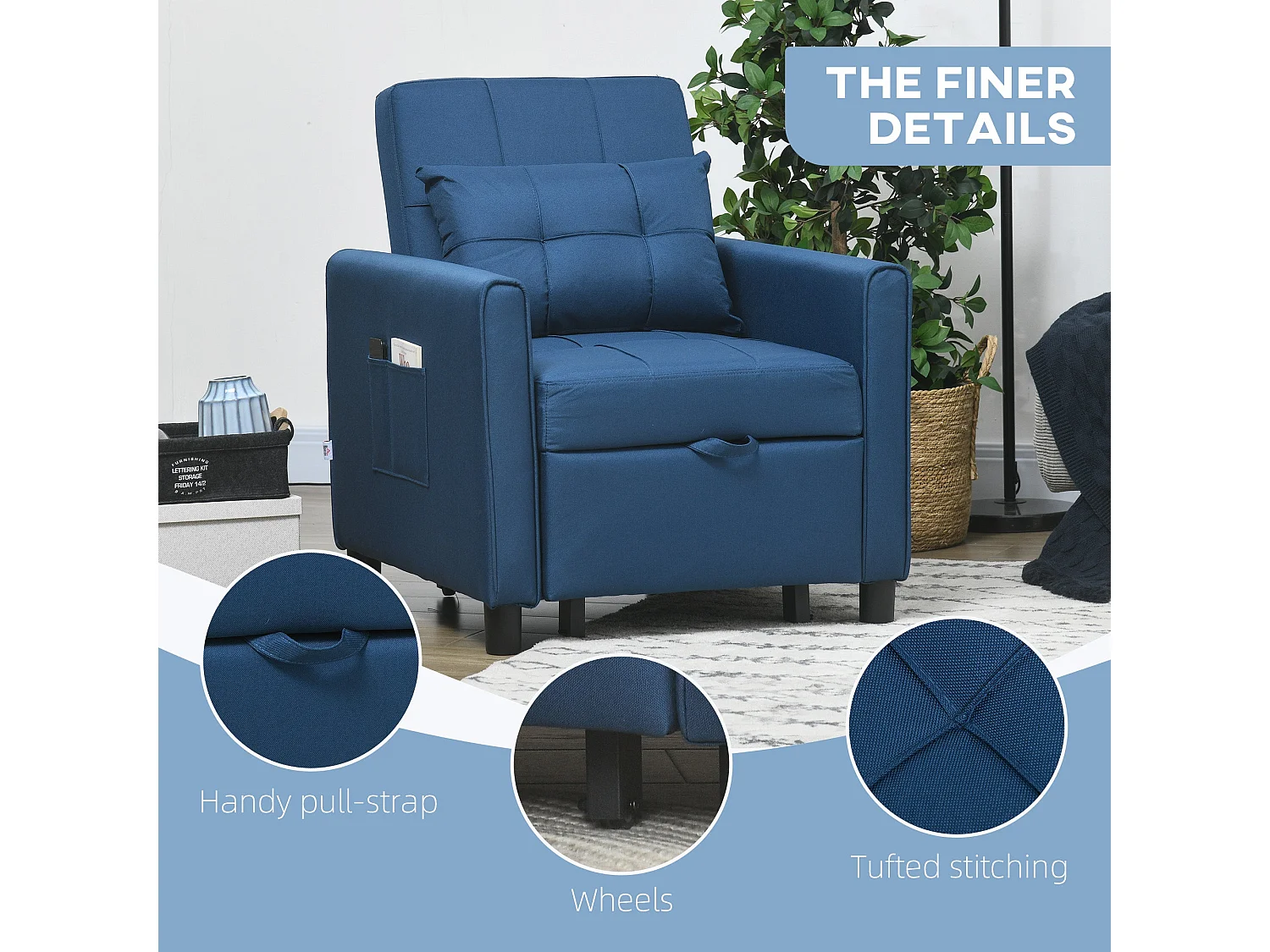 Haso Linen Look Dark Blue Single Sleeper Chair 3 Level Adjustable Backrest