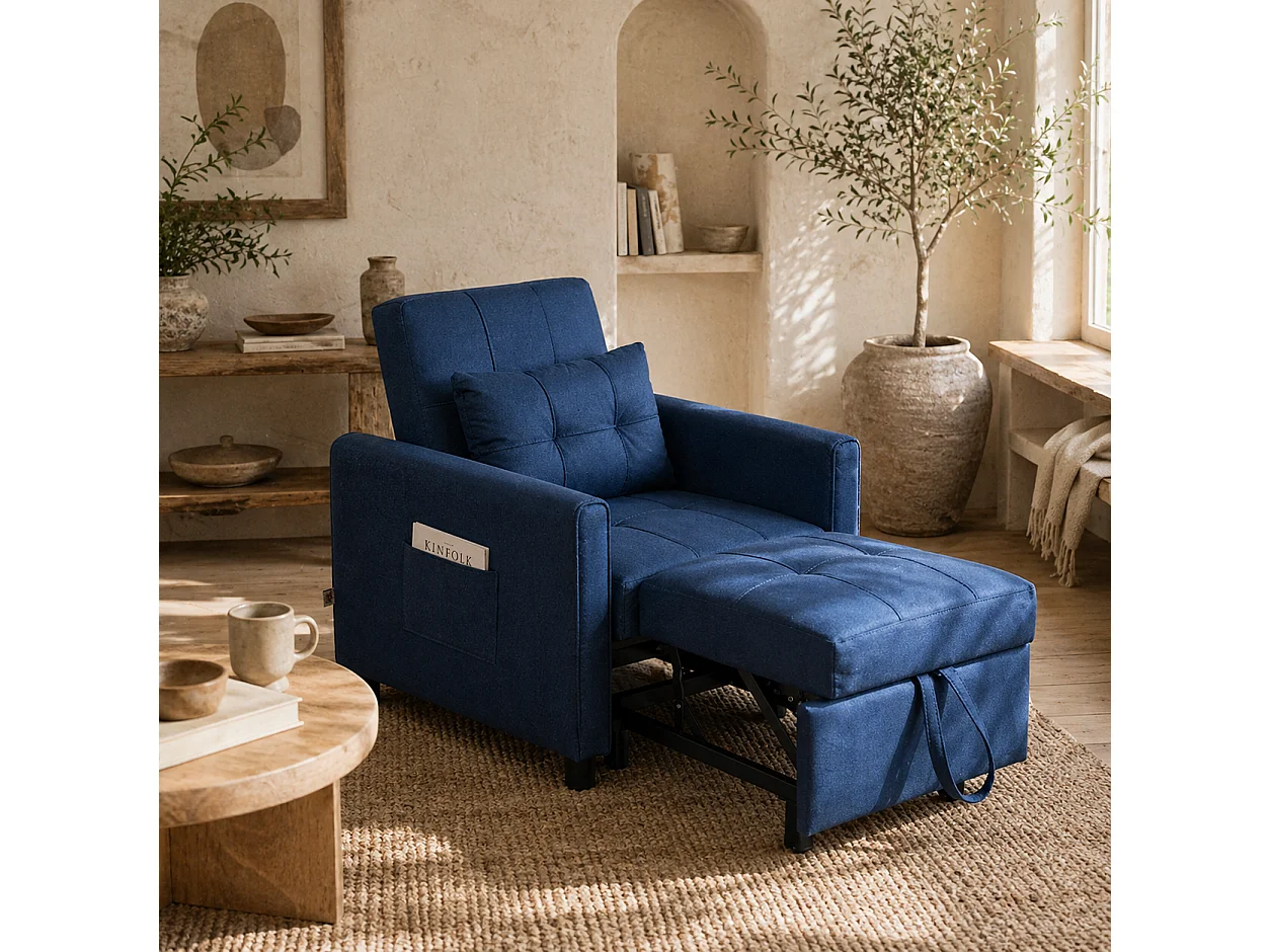 Haso Linen Look Dark Blue Single Sleeper Chair 3 Level Adjustable Backrest