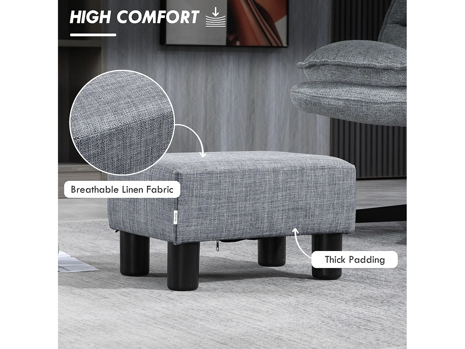 Nekael Linen Look Grey Footstool Compact Cube with 4 Plastic Feet