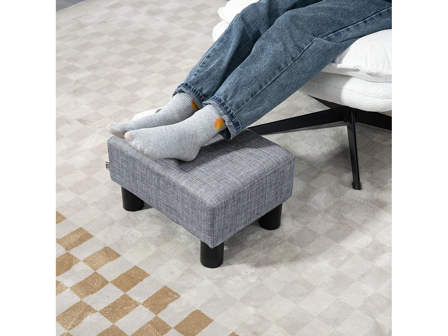 Nekael Linen Look Grey Footstool Compact Cube with 4 Plastic Feet