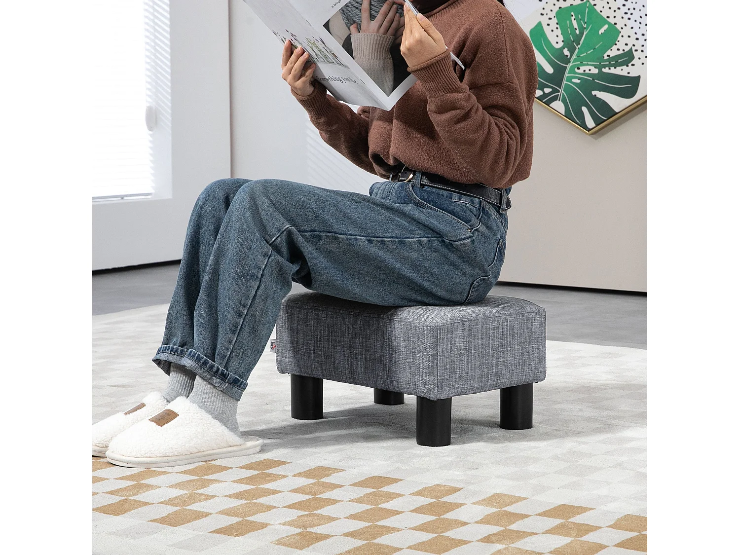 Nekael Linen Look Grey Footstool Compact Cube with 4 Plastic Feet