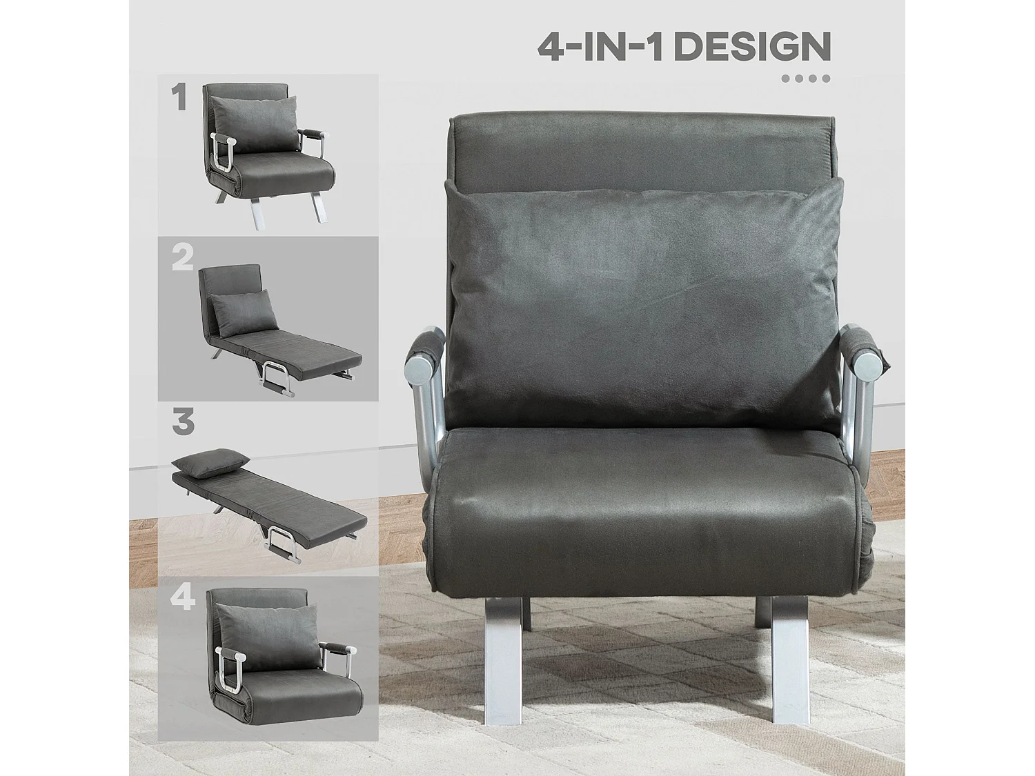 Moba Grey Faux Suede 4 in 1 Convertible Chair Bed