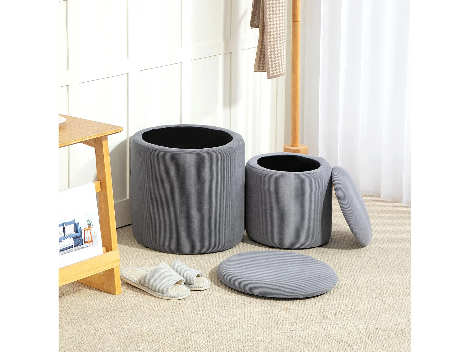 Seleco Set of 2 Round Corduroy Grey Storage Ottomans