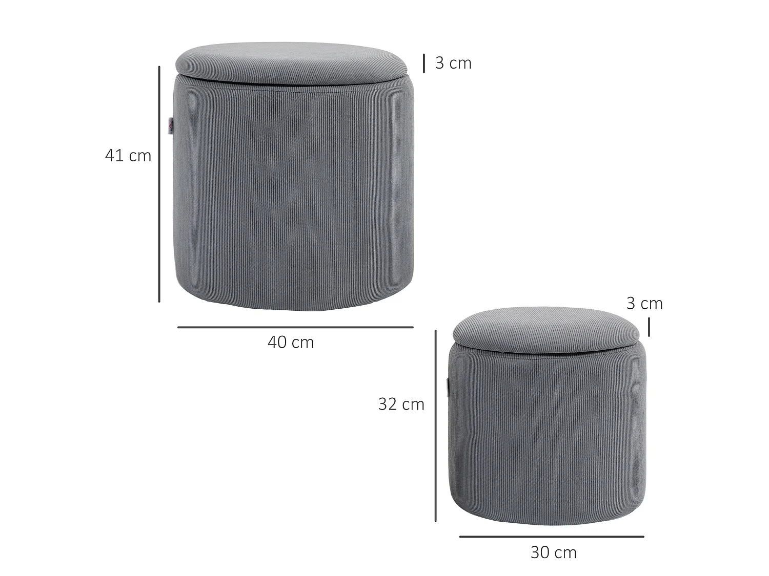 Seleco Set of 2 Round Corduroy Grey Storage Ottomans
