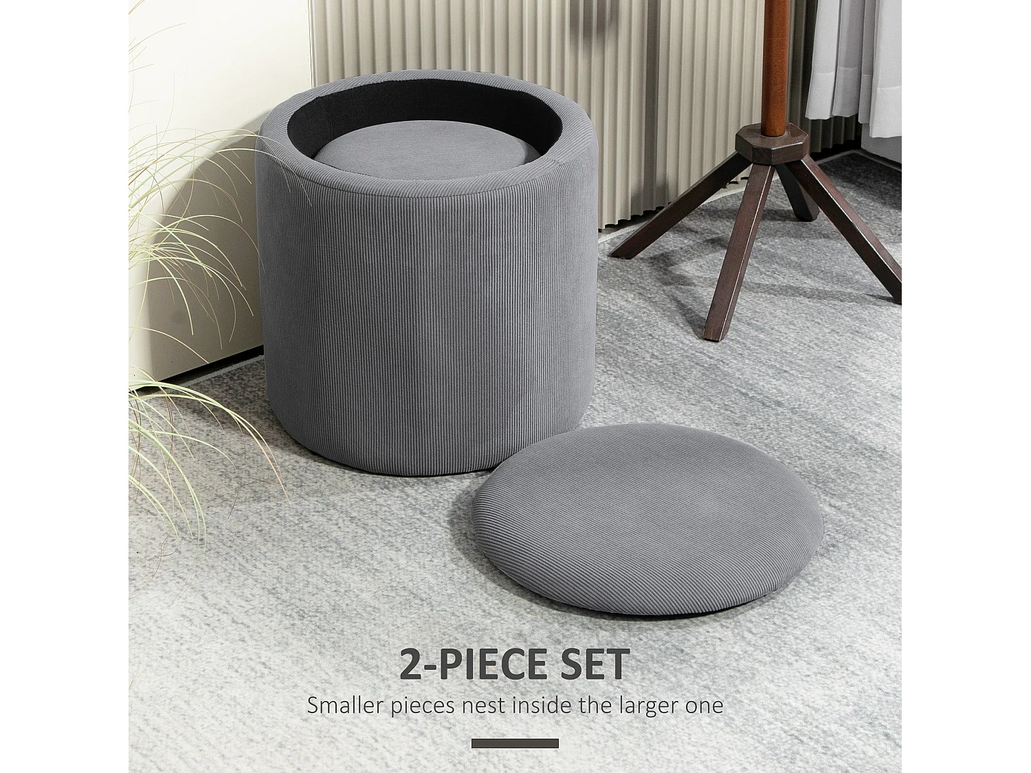Seleco Set of 2 Round Corduroy Grey Storage Ottomans