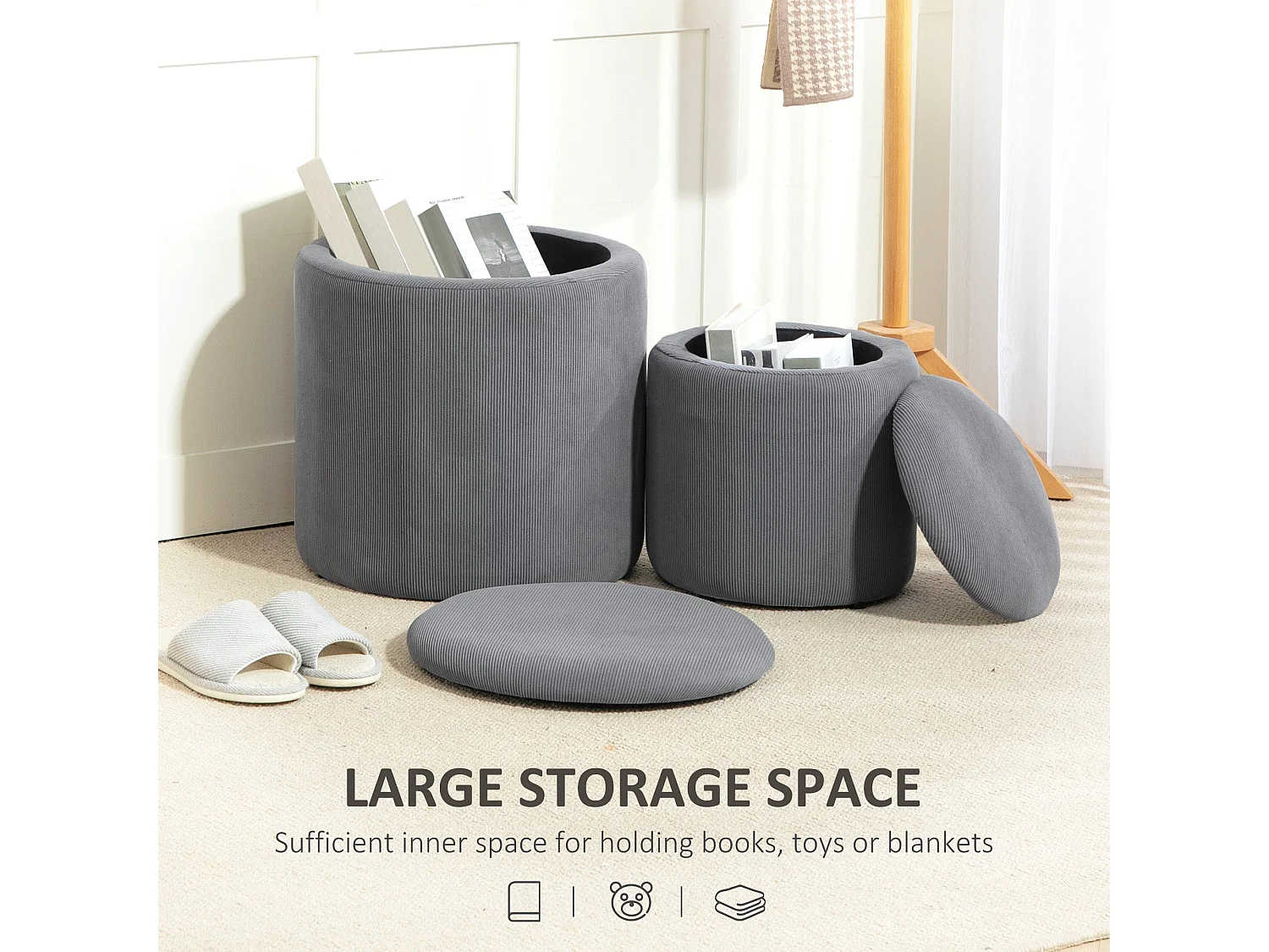 Seleco Set of 2 Round Corduroy Grey Storage Ottomans