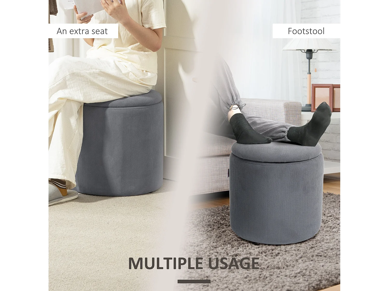 Seleco Set of 2 Round Corduroy Grey Storage Ottomans