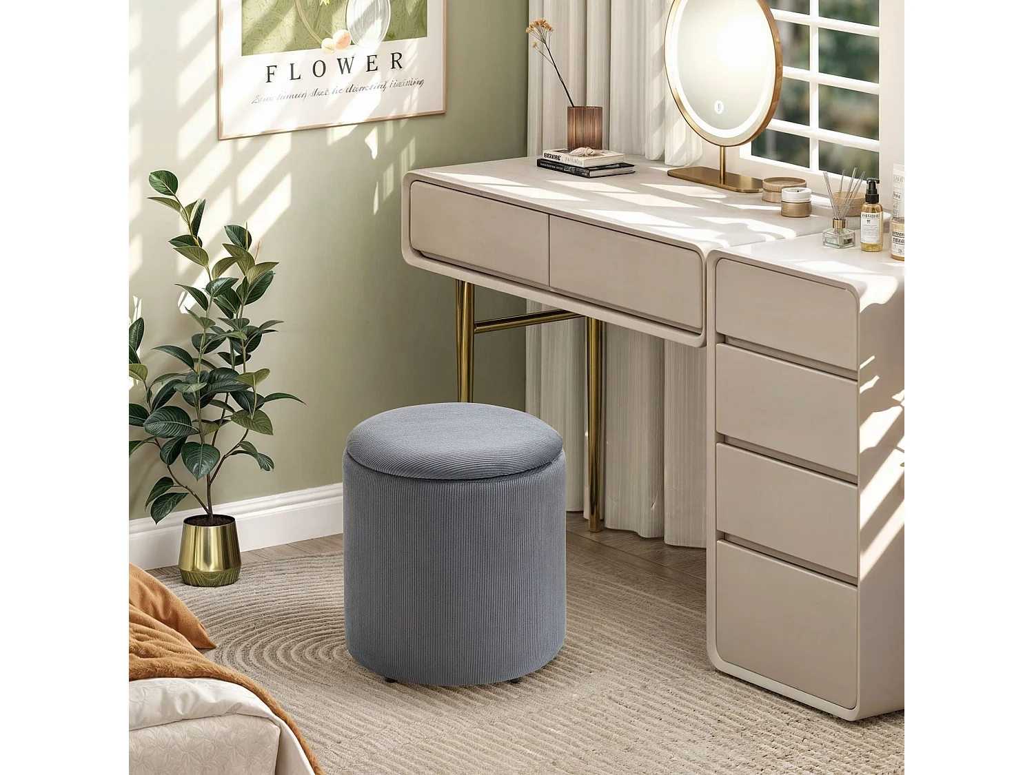 Seleco Set of 2 Round Corduroy Grey Storage Ottomans