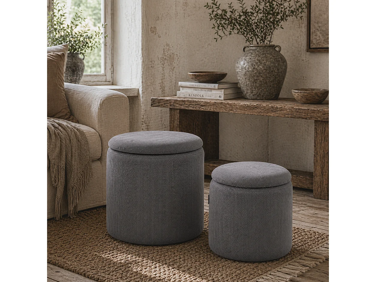 Seleco Set of 2 Round Corduroy Grey Storage Ottomans