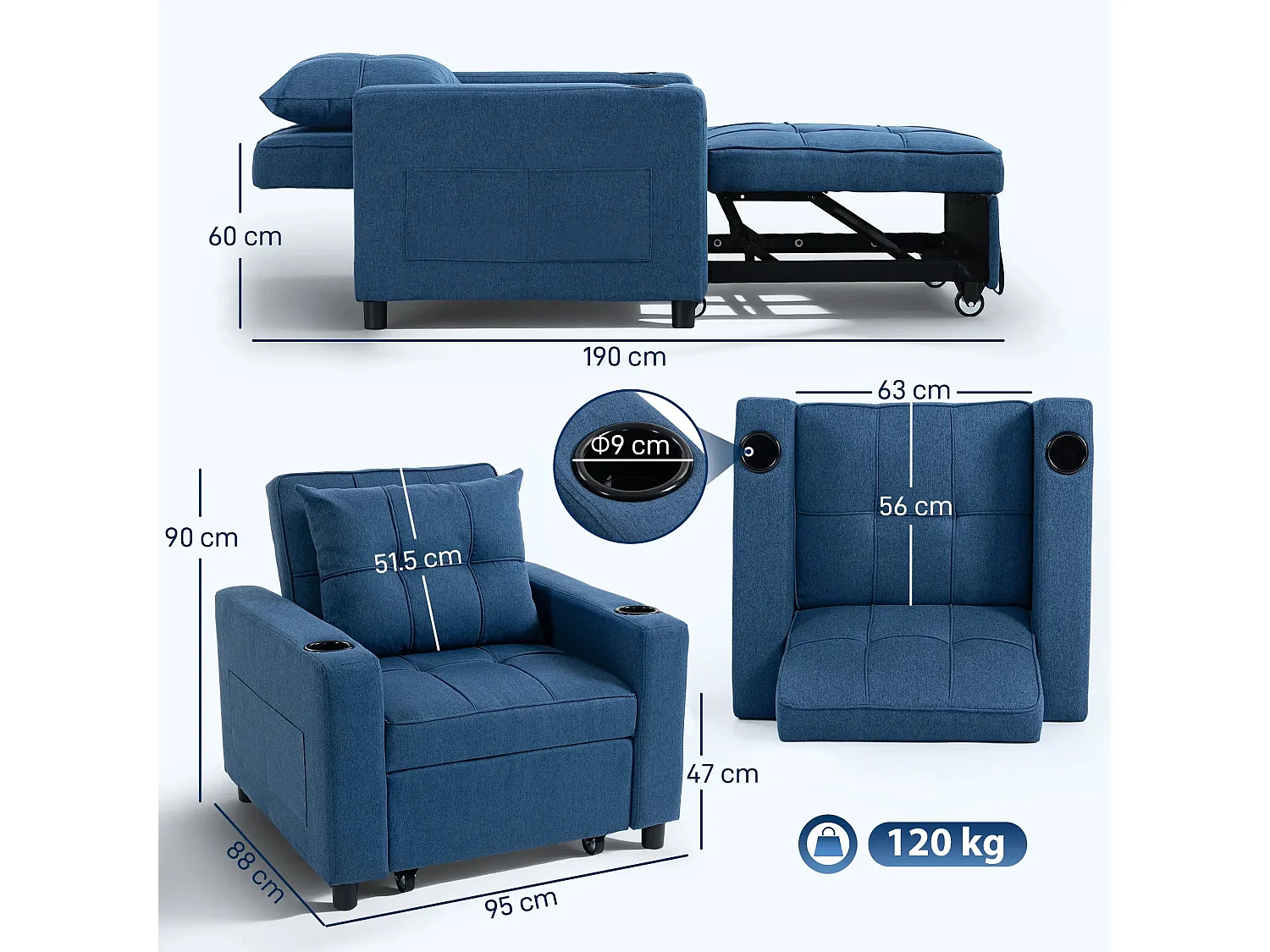Norapa Dark Blue 3 in 1 Convertible Single Sofa Bed