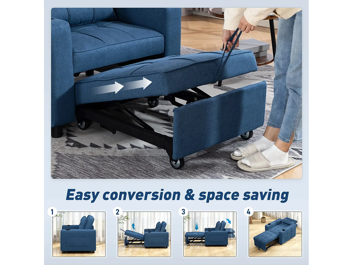 Norapa Dark Blue 3 in 1 Convertible Single Sofa Bed