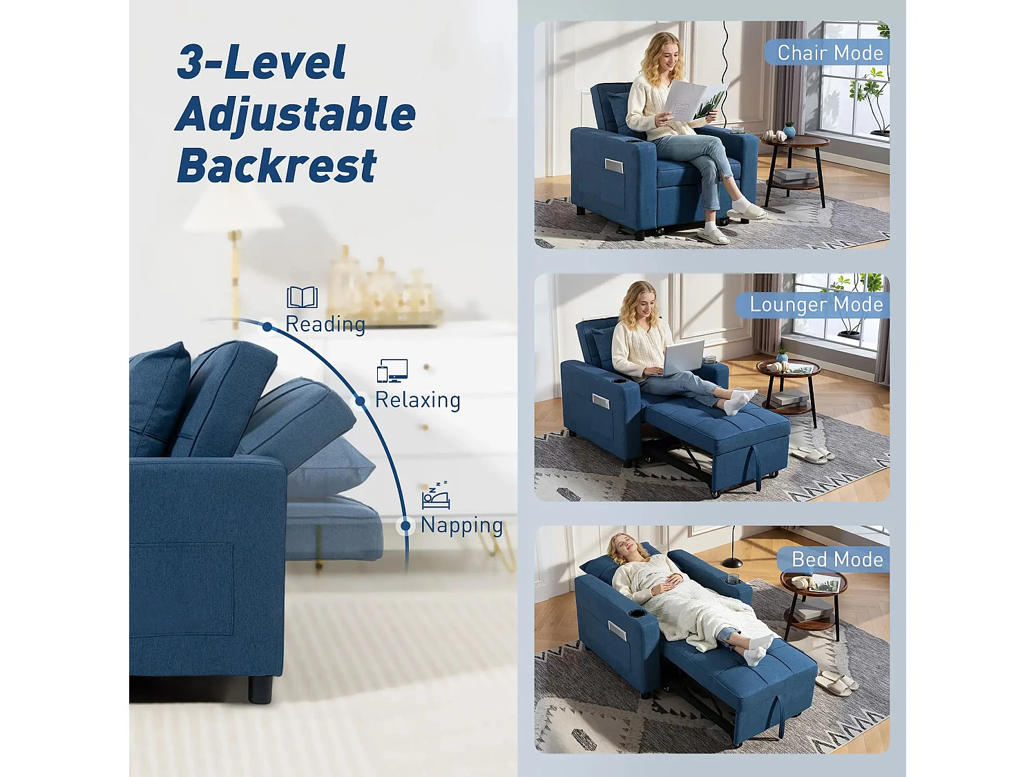 Norapa Dark Blue 3 in 1 Convertible Single Sofa Bed