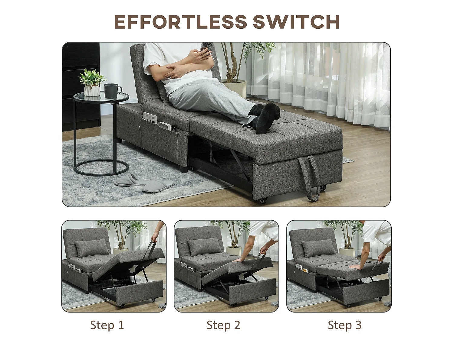 Lulusa Kela 4 in 1 Convertible Single Sleeper Chair Dark Grey