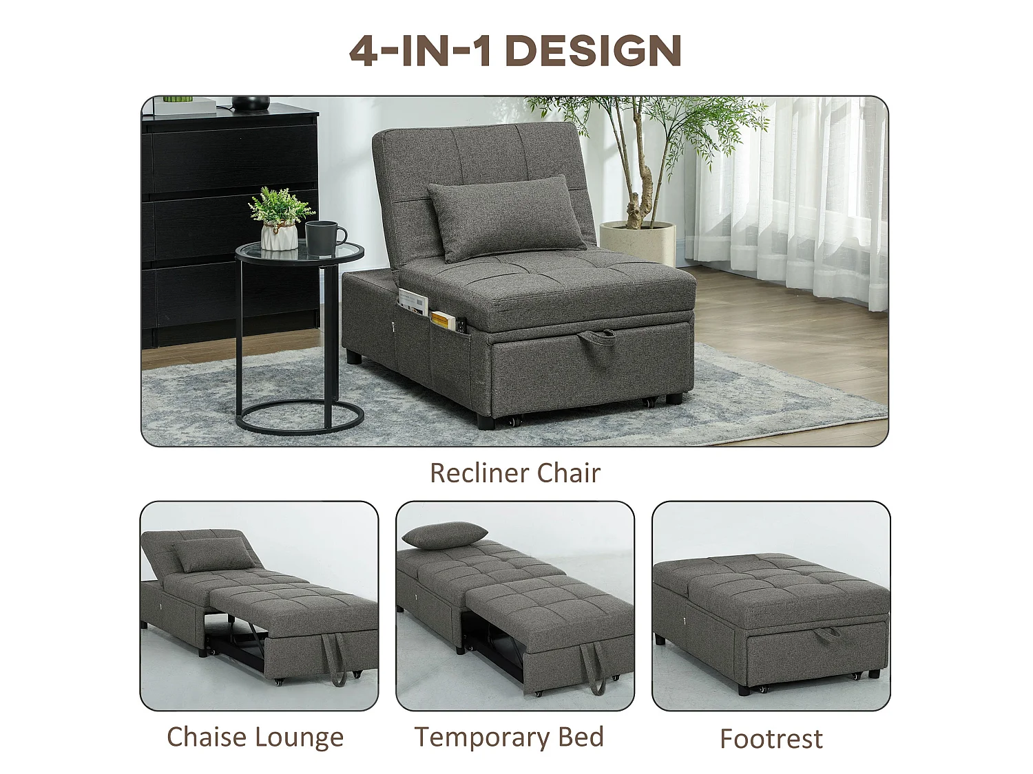 Lulusa Kela 4 in 1 Convertible Single Sleeper Chair Dark Grey