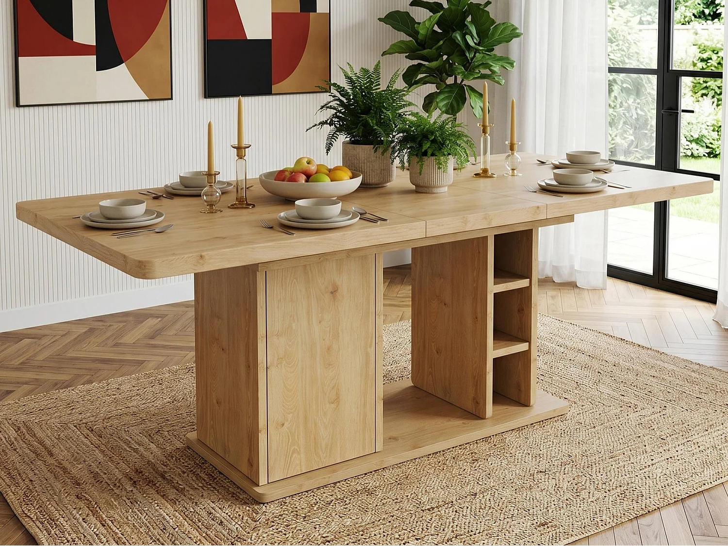Table  à manger extensible 140/180x80x75 cm - pour 6 à 8 personnes - 1 porte et rangement ouvert - Plateau épais - Naturel