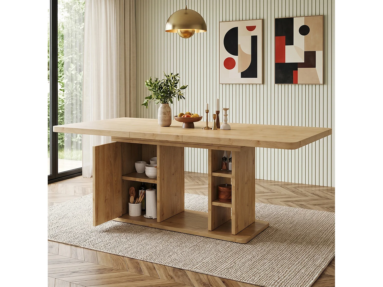 Table  à manger extensible 140/180x80x75 cm - pour 6 à 8 personnes - 1 porte et rangement ouvert - Plateau épais - Naturel