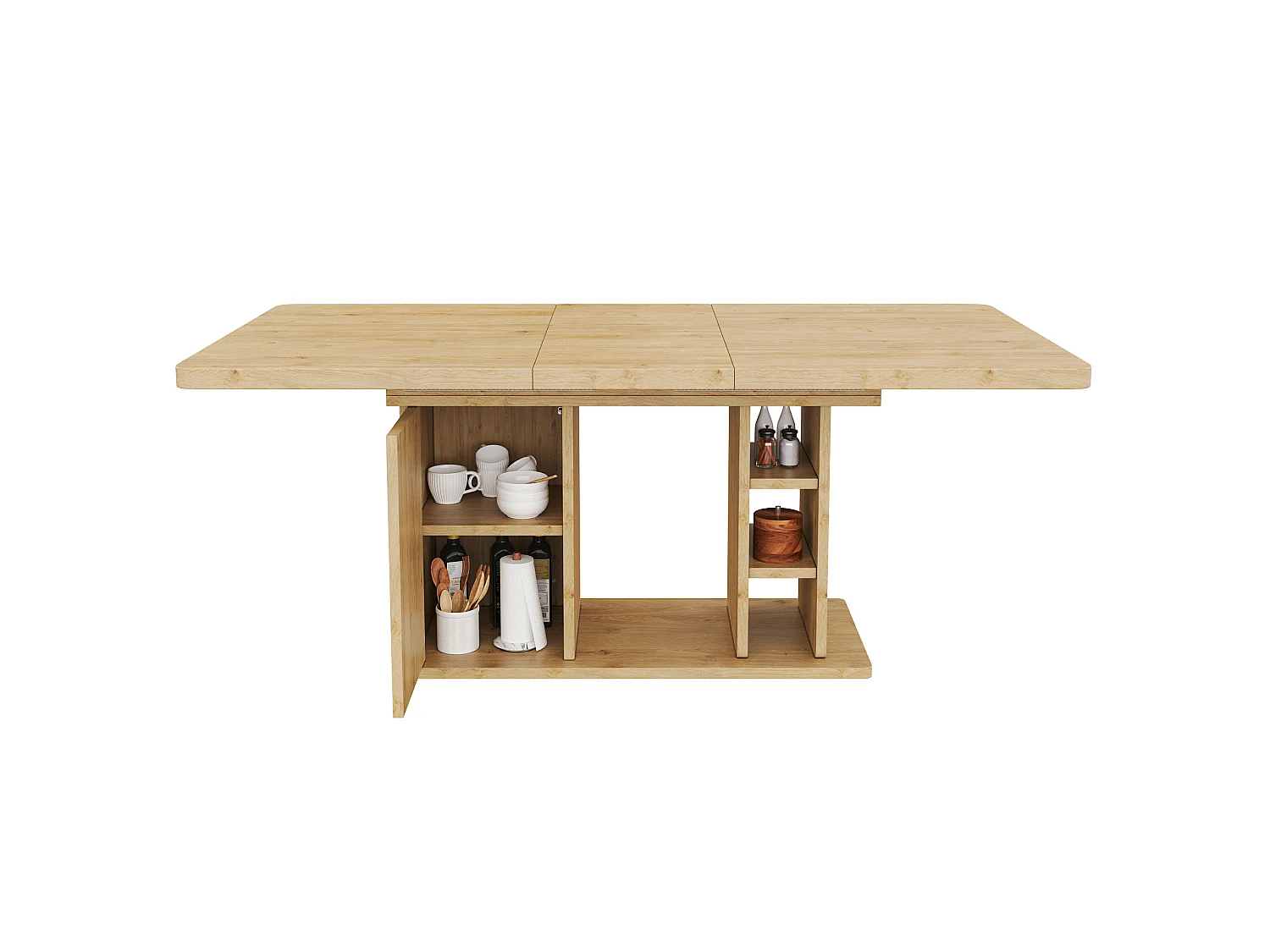 Table  à manger extensible 140/180x80x75 cm - pour 6 à 8 personnes - 1 porte et rangement ouvert - Plateau épais - Naturel