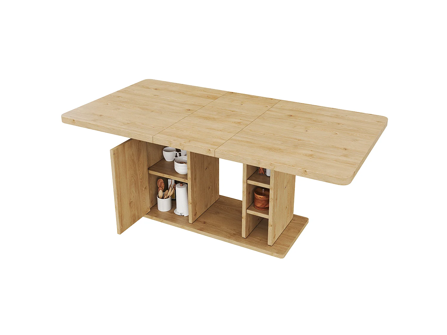 Table  à manger extensible 140/180x80x75 cm - pour 6 à 8 personnes - 1 porte et rangement ouvert - Plateau épais - Naturel