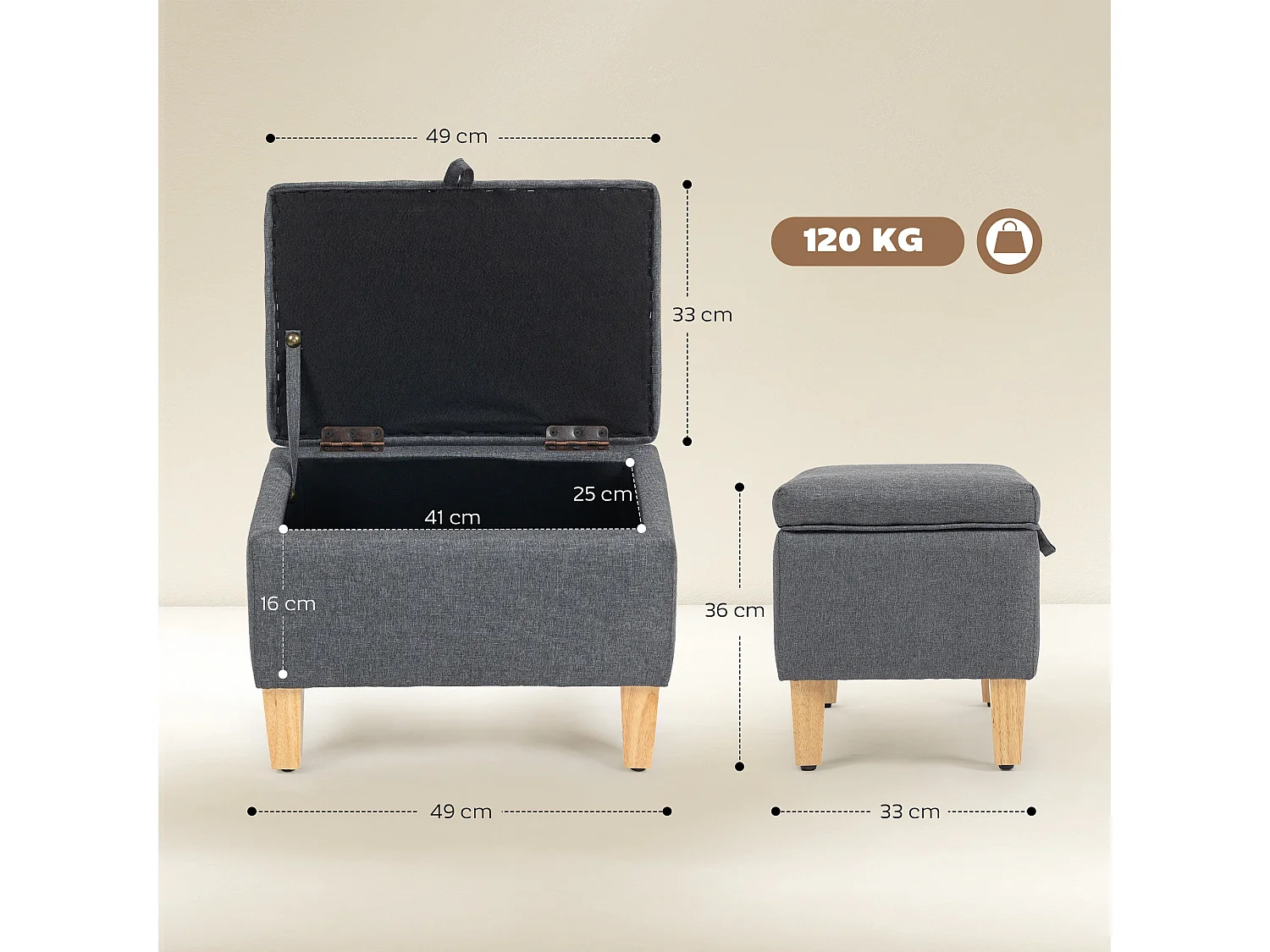 Doma Compact Linen Look Storage Footstool Charcoal Grey Natural Wooden Legs