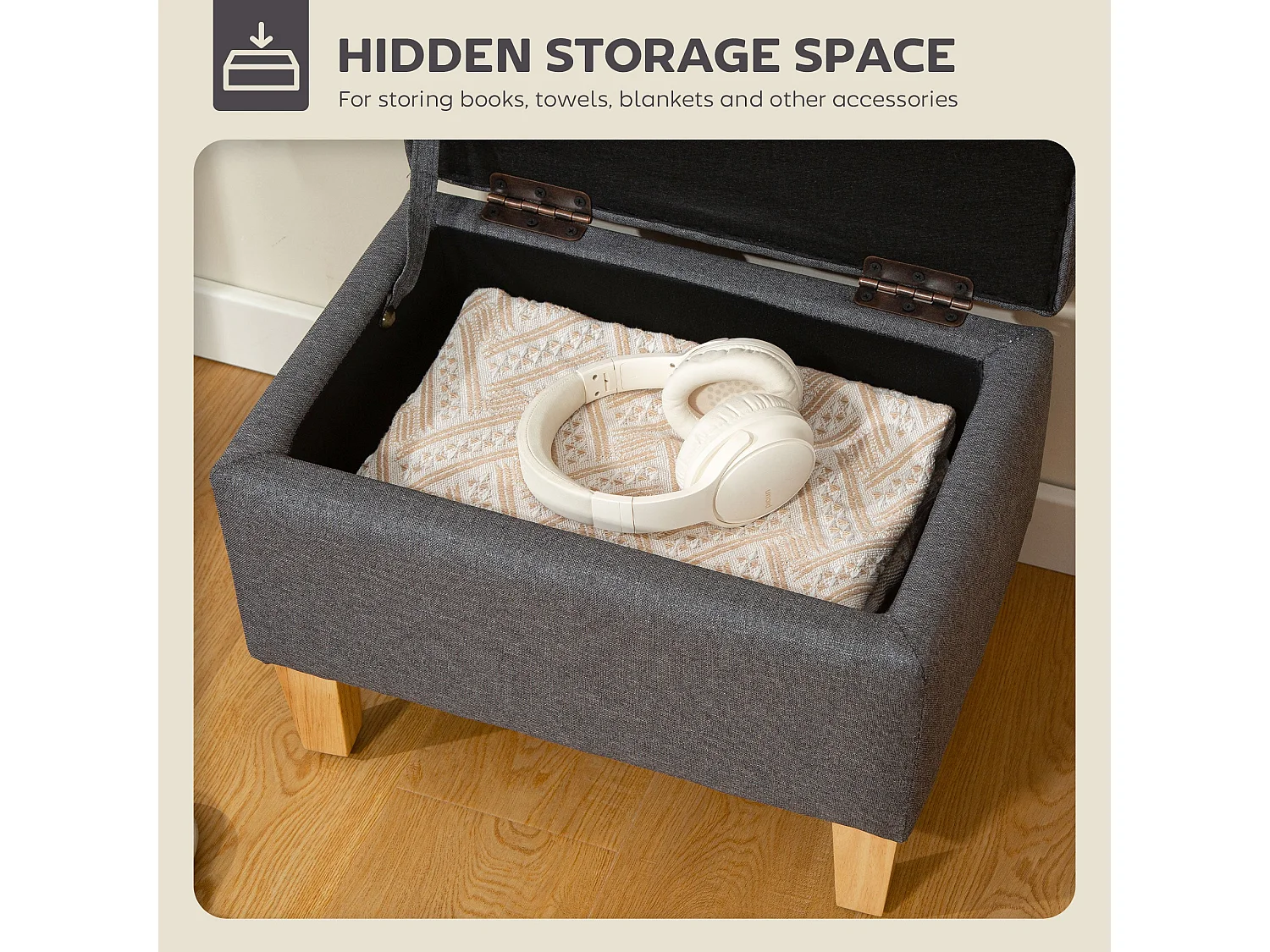 Doma Compact Linen Look Storage Footstool Charcoal Grey Natural Wooden Legs