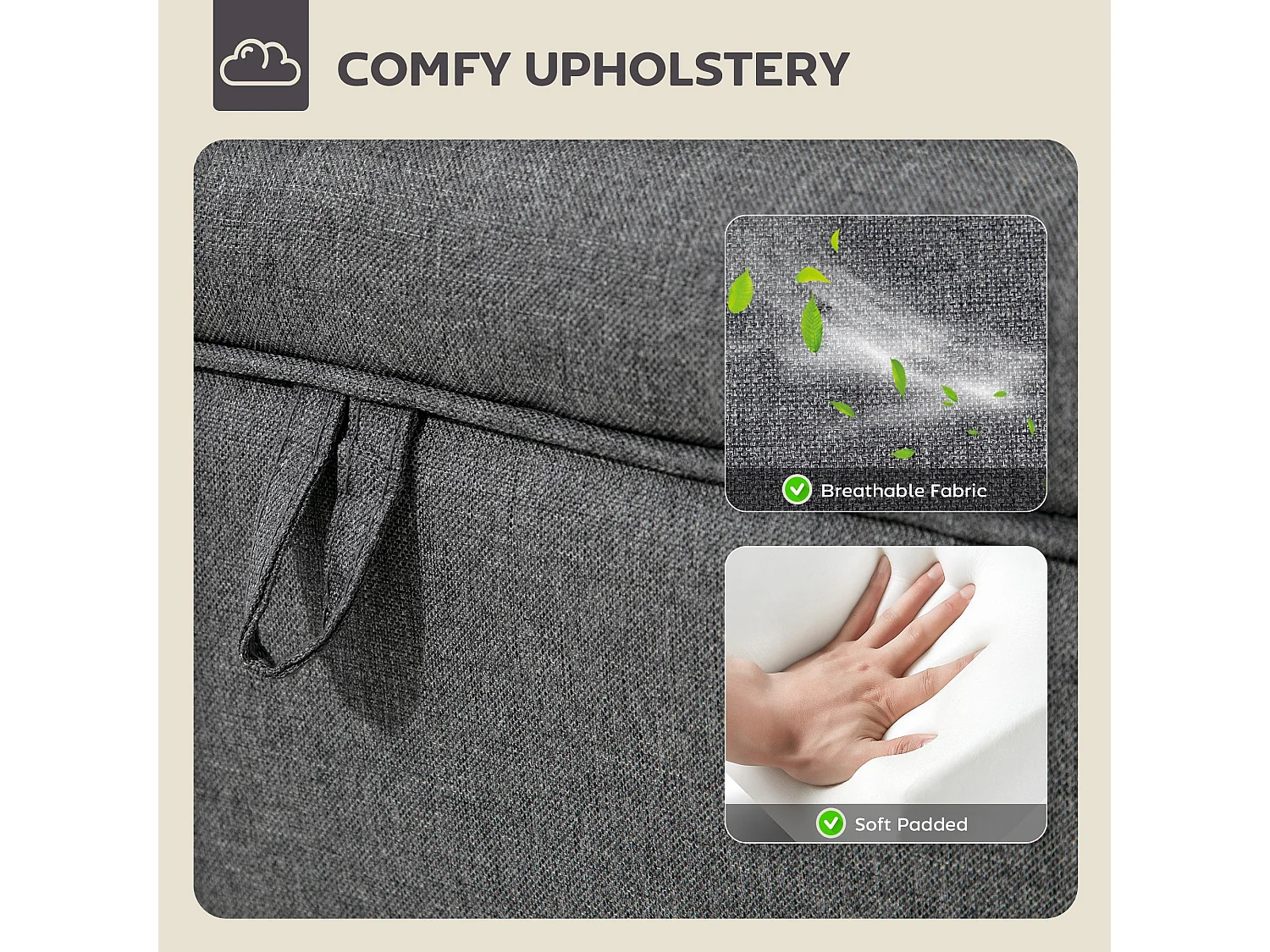 Doma Compact Linen Look Storage Footstool Charcoal Grey Natural Wooden Legs