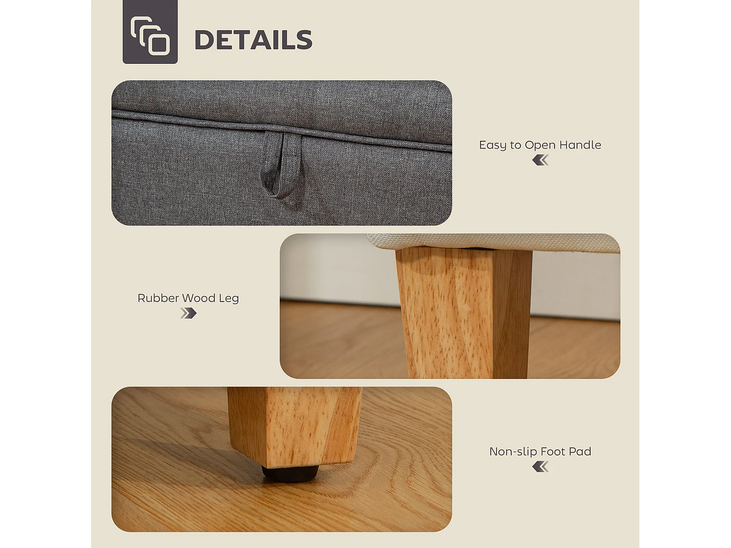 Doma Compact Linen Look Storage Footstool Charcoal Grey Natural Wooden Legs