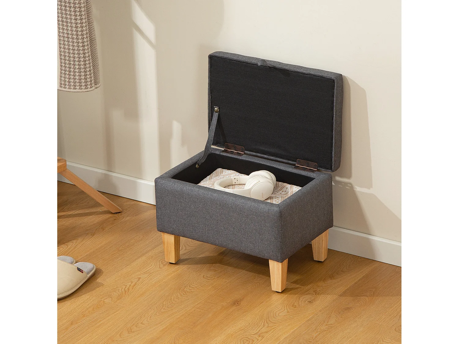 Doma Compact Linen Look Storage Footstool Charcoal Grey Natural Wooden Legs