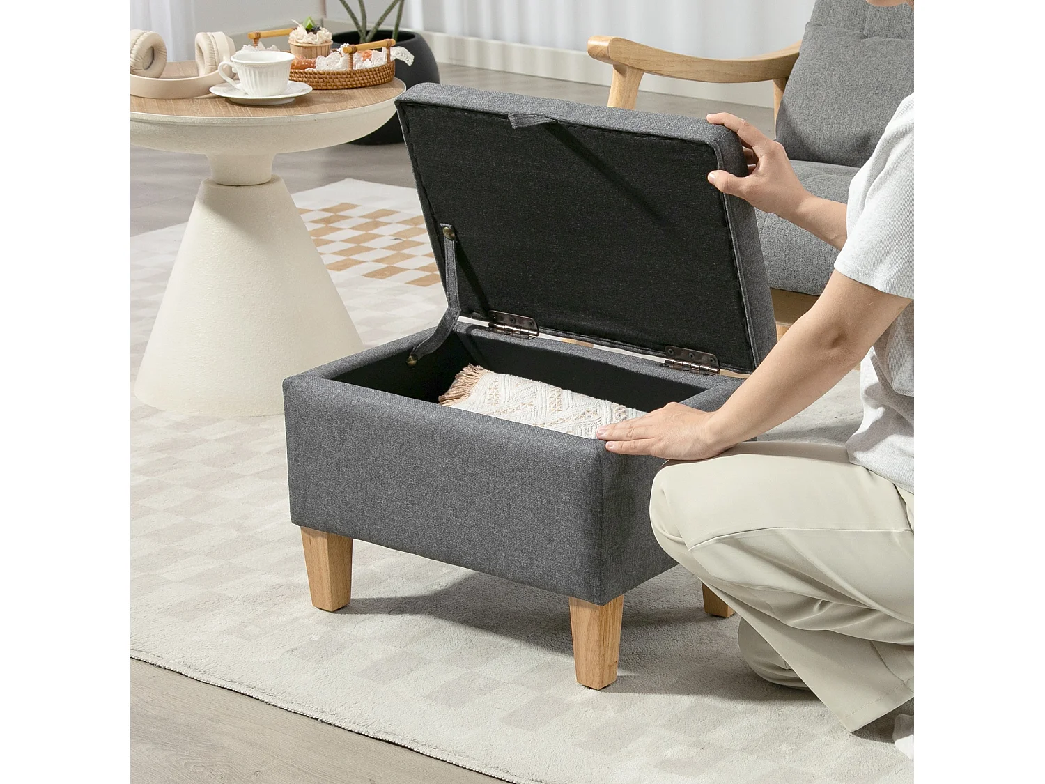 Doma Compact Linen Look Storage Footstool Charcoal Grey Natural Wooden Legs