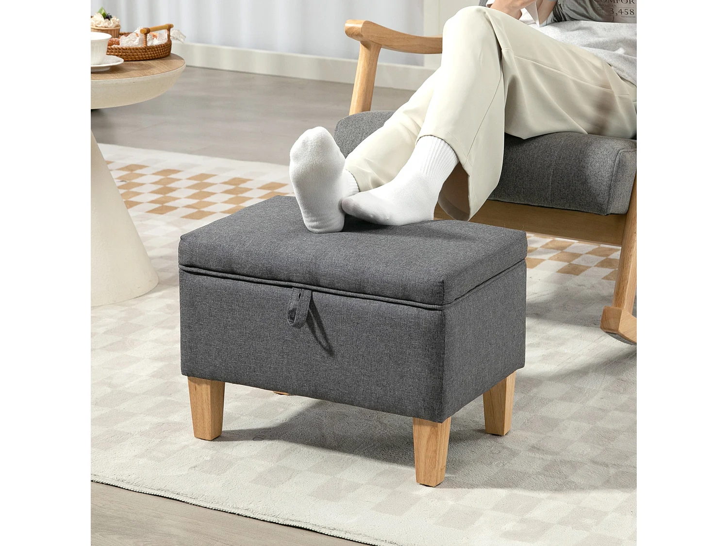 Doma Compact Linen Look Storage Footstool Charcoal Grey Natural Wooden Legs