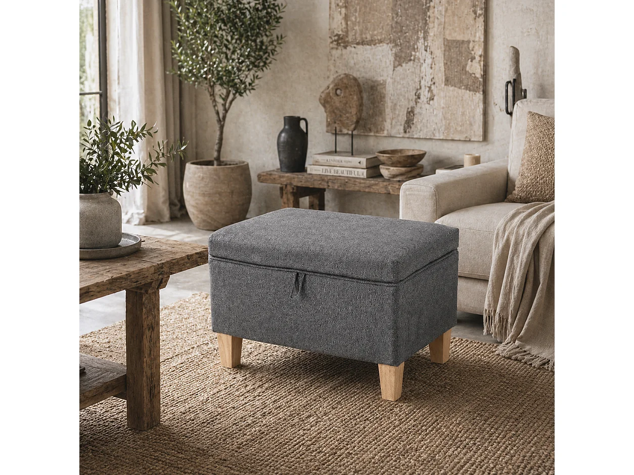 Doma Compact Linen Look Storage Footstool Charcoal Grey Natural Wooden Legs