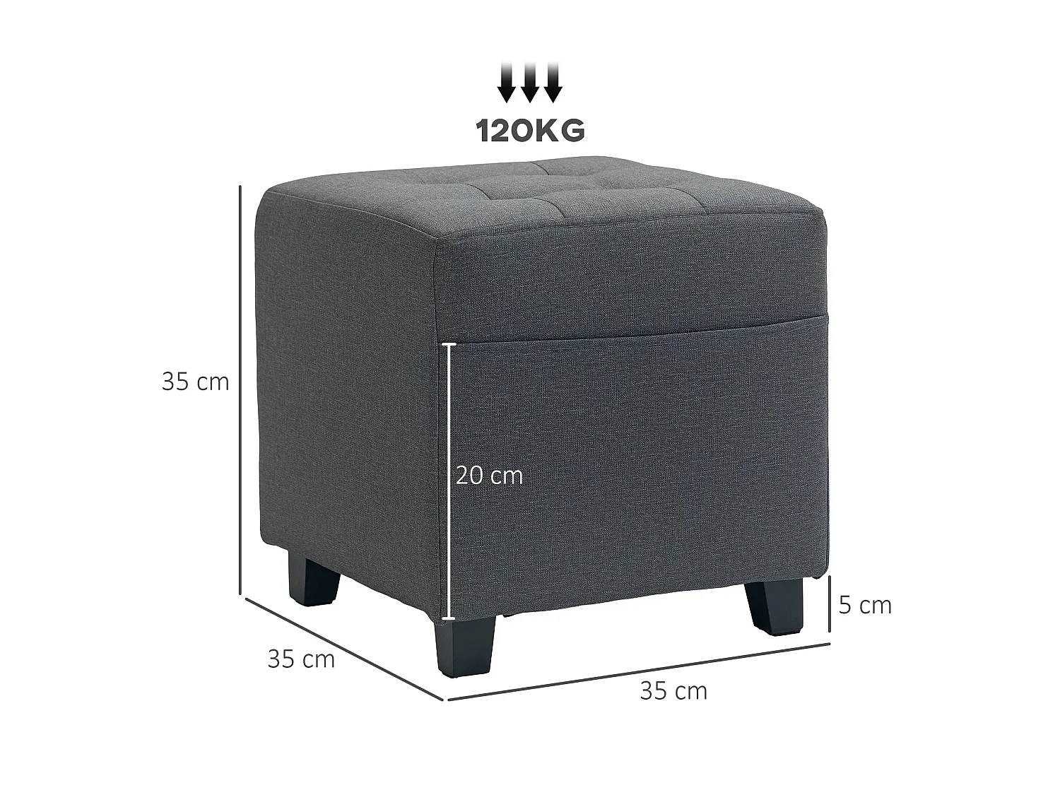 Linen Grey Compact Square Footstool with Side Pocket and Black Rubber Wood Legs