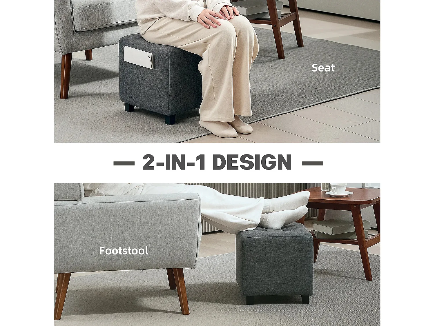 Linen Grey Compact Square Footstool with Side Pocket and Black Rubber Wood Legs
