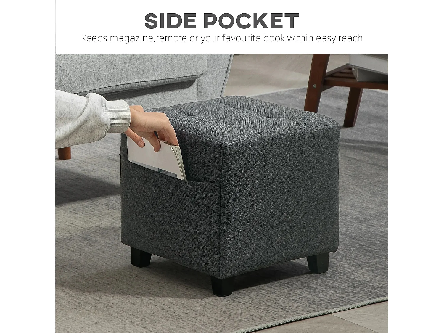 Linen Grey Compact Square Footstool with Side Pocket and Black Rubber Wood Legs