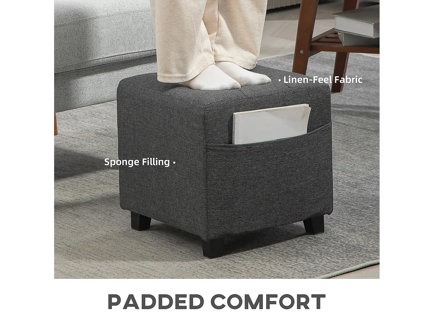 Linen Grey Compact Square Footstool with Side Pocket and Black Rubber Wood Legs