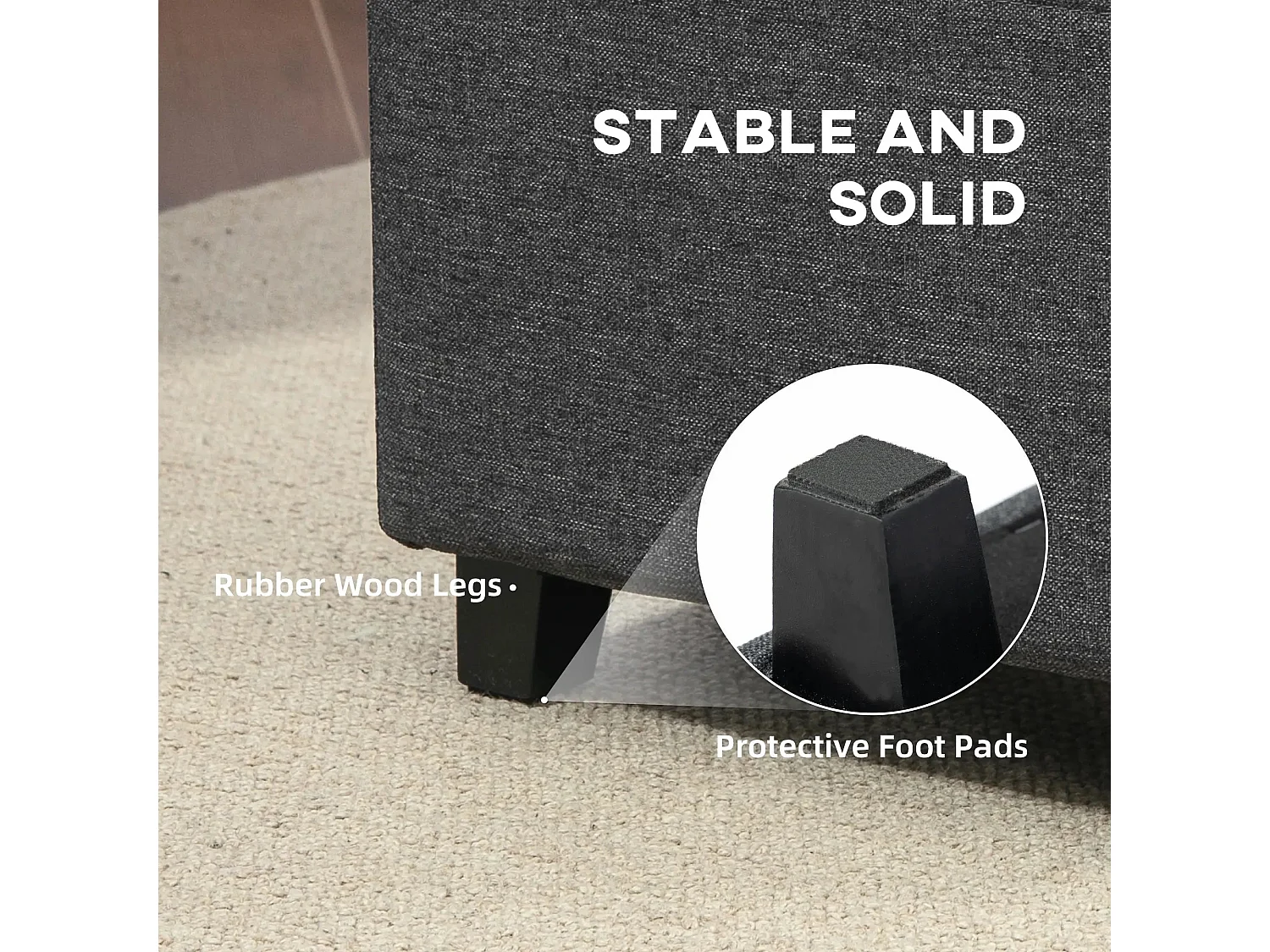 Linen Grey Compact Square Footstool with Side Pocket and Black Rubber Wood Legs