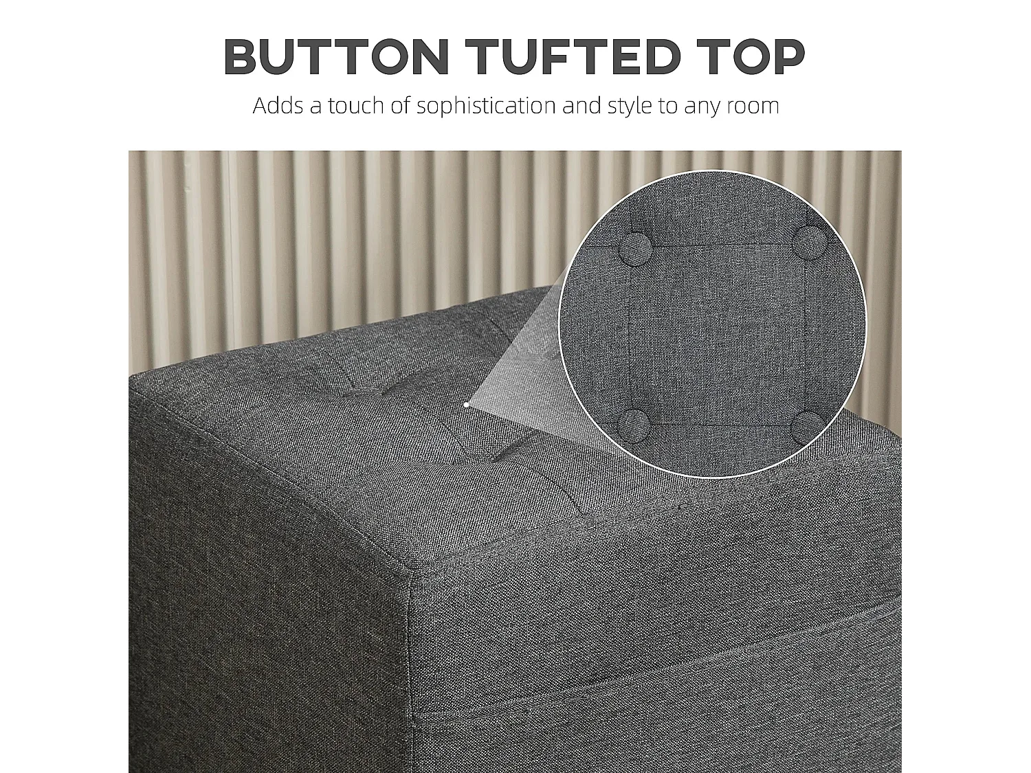 Linen Grey Compact Square Footstool with Side Pocket and Black Rubber Wood Legs