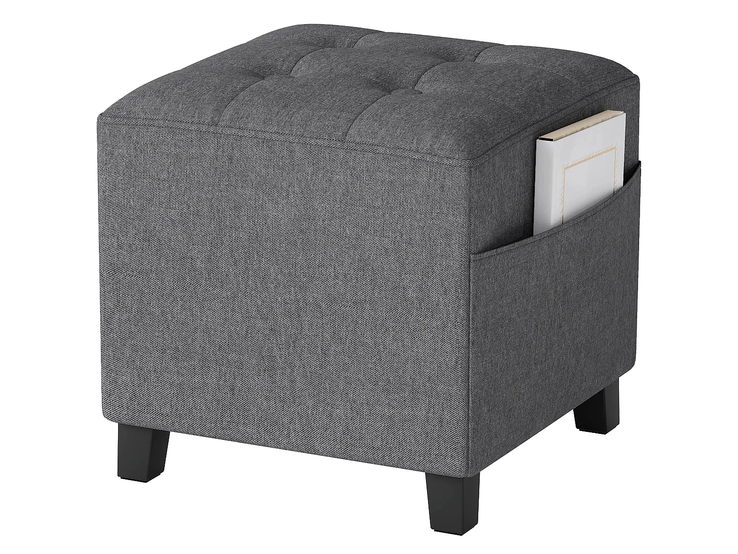 Linen Grey Compact Square Footstool with Side Pocket and Black Rubber Wood Legs