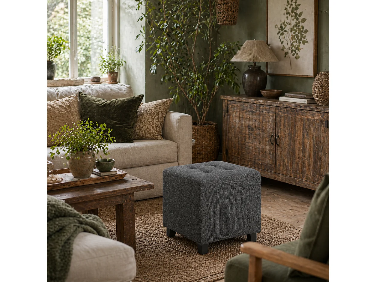 Linen Grey Compact Square Footstool with Side Pocket and Black Rubber Wood Legs