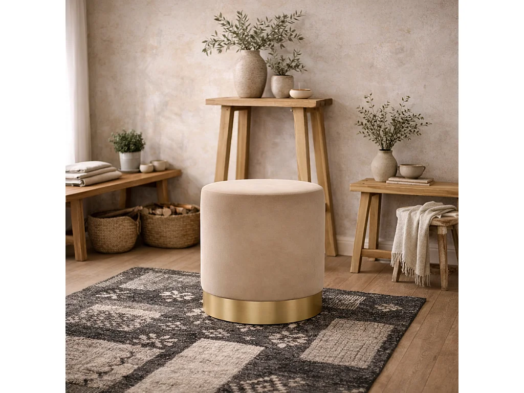 Kalua Small Beige Velvet Stool Brushed Gold Base