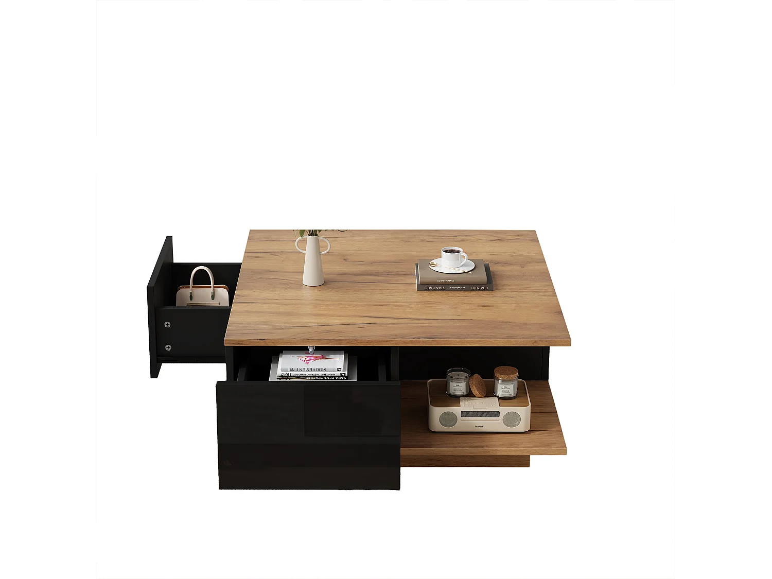 Quadratischer Couchtisch 70 x 70 x 31,5 cm - 3 Schubladen - glänzende Oberfläche - Spanplatte - schwarz und Natur