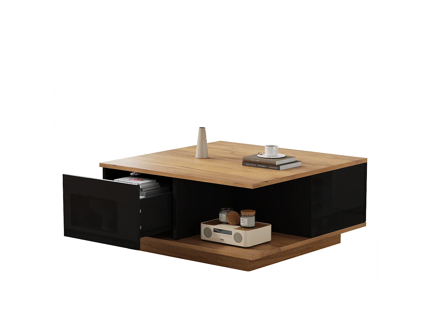 Quadratischer Couchtisch 70 x 70 x 31,5 cm - 3 Schubladen - glänzende Oberfläche - Spanplatte - schwarz und Natur