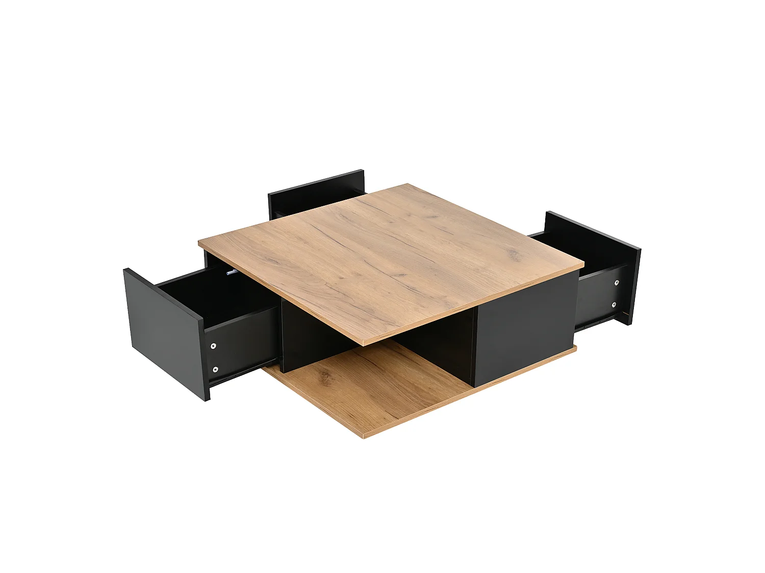 Quadratischer Couchtisch 70 x 70 x 31,5 cm - 3 Schubladen - glänzende Oberfläche - Spanplatte - schwarz und Natur