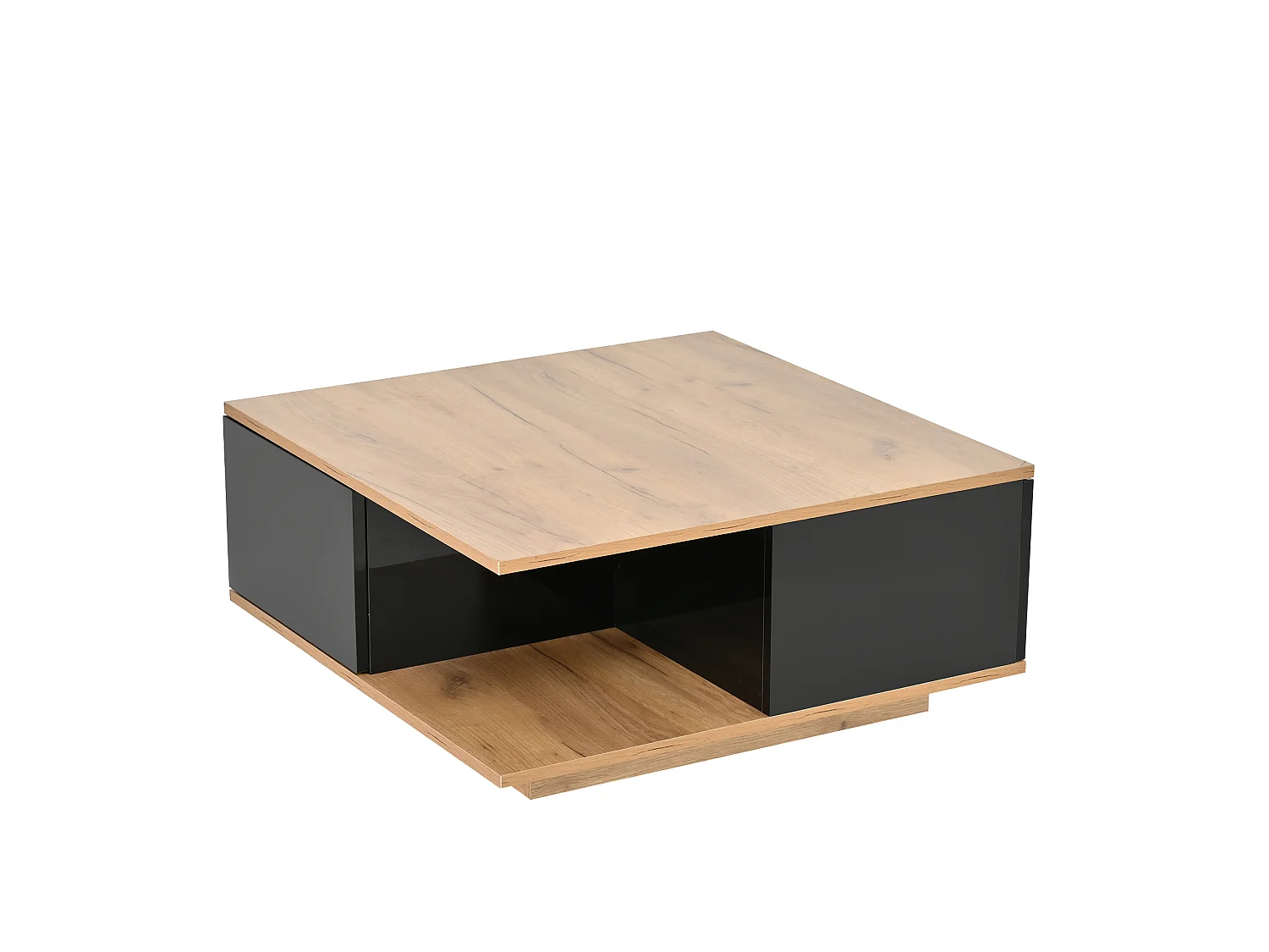 Quadratischer Couchtisch 70 x 70 x 31,5 cm - 3 Schubladen - glänzende Oberfläche - Spanplatte - schwarz und Natur