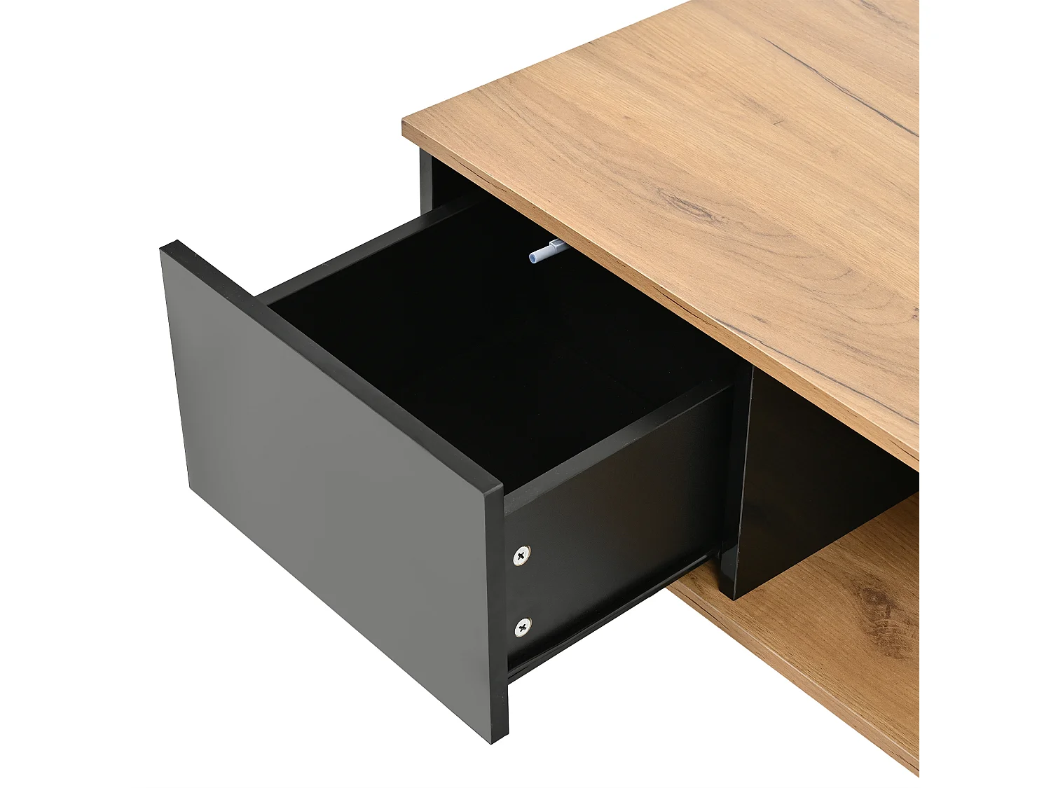 Quadratischer Couchtisch 70 x 70 x 31,5 cm - 3 Schubladen - glänzende Oberfläche - Spanplatte - schwarz und Natur