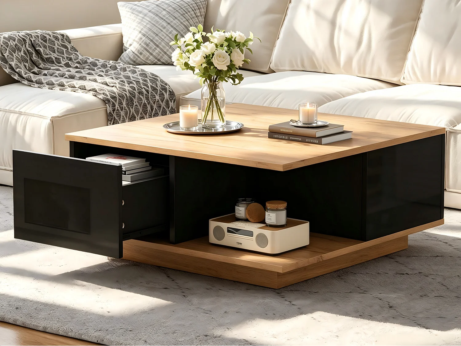 Quadratischer Couchtisch 70 x 70 x 31,5 cm - 3 Schubladen - glänzende Oberfläche - Spanplatte - schwarz und Natur