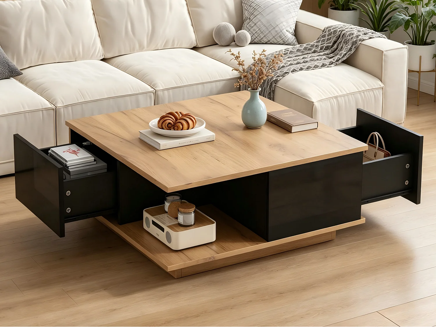 Quadratischer Couchtisch 70 x 70 x 31,5 cm - 3 Schubladen - glänzende Oberfläche - Spanplatte - schwarz und Natur