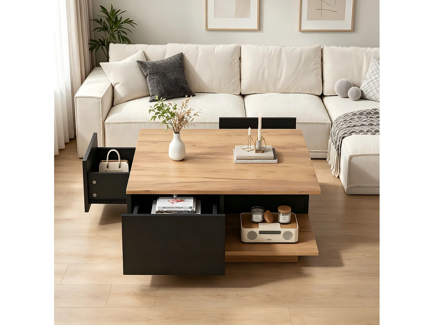 Quadratischer Couchtisch 70 x 70 x 31,5 cm - 3 Schubladen - glänzende Oberfläche - Spanplatte - schwarz und Natur