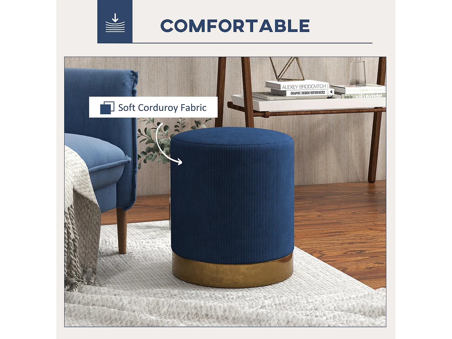 Tamo Bala Corduroy Footstool Dark Blue Padded Seat with Gold Accent