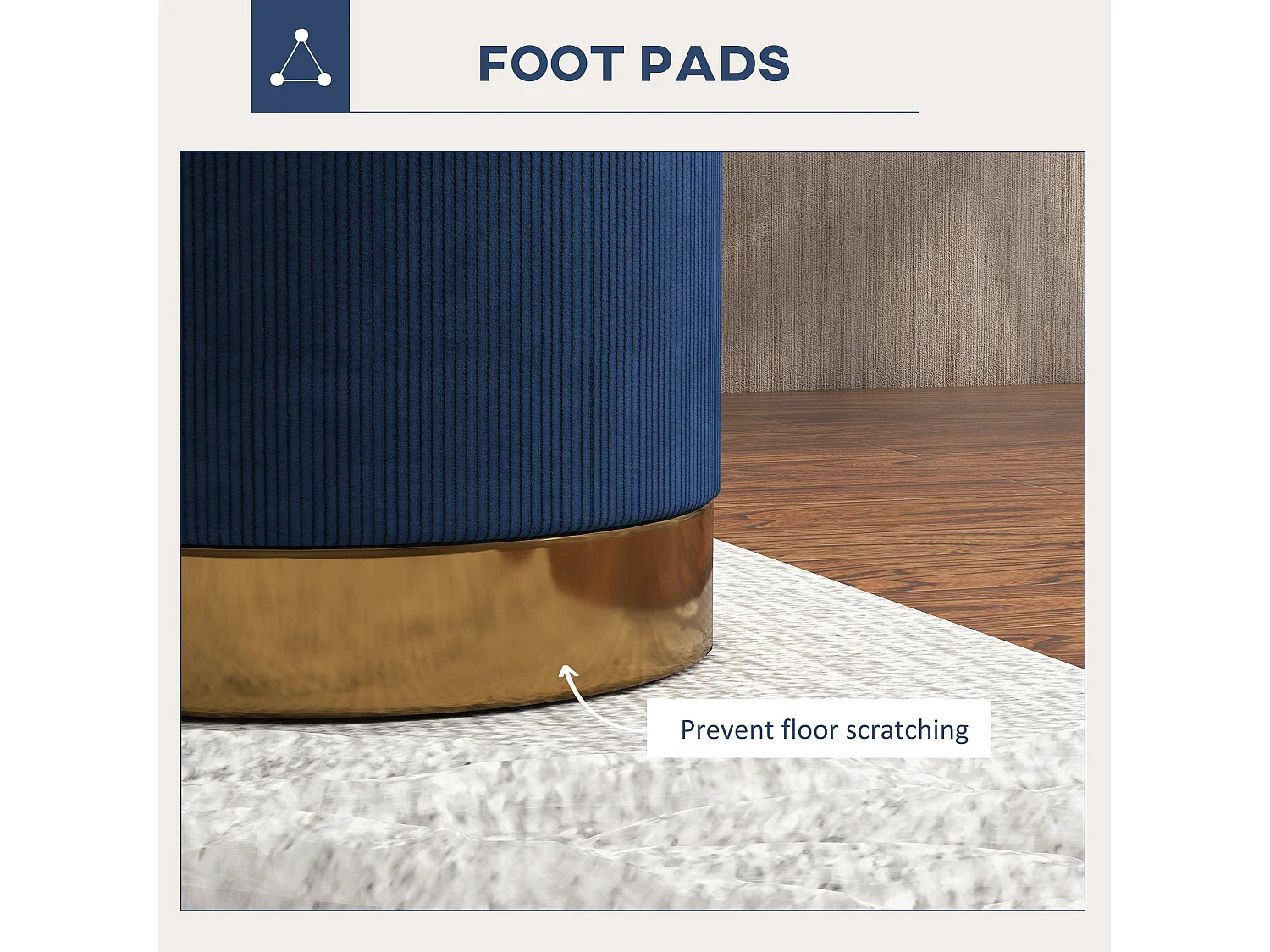 Tamo Bala Corduroy Footstool Dark Blue Padded Seat with Gold Accent